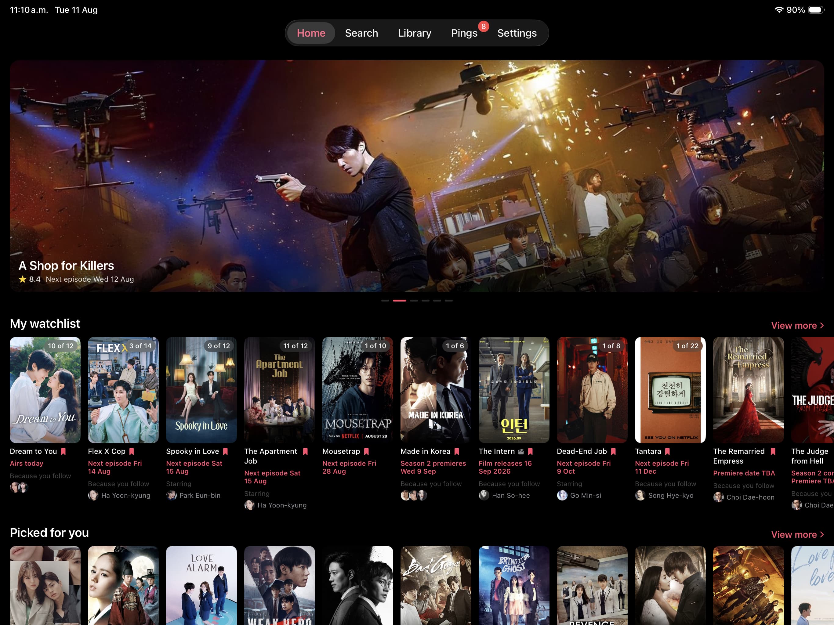 DramaPing home screen showing a featured series, watchlist schedule, and recommendations