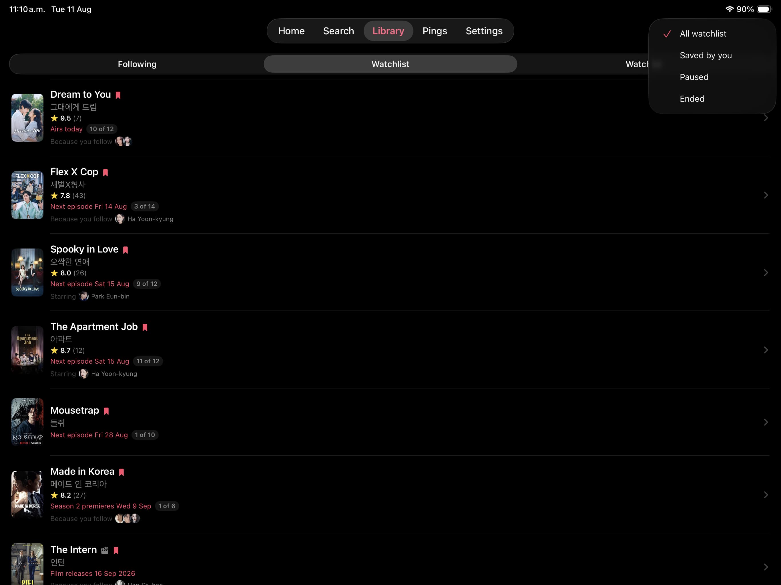 DramaPing Watchlist library with release details and a filter menu