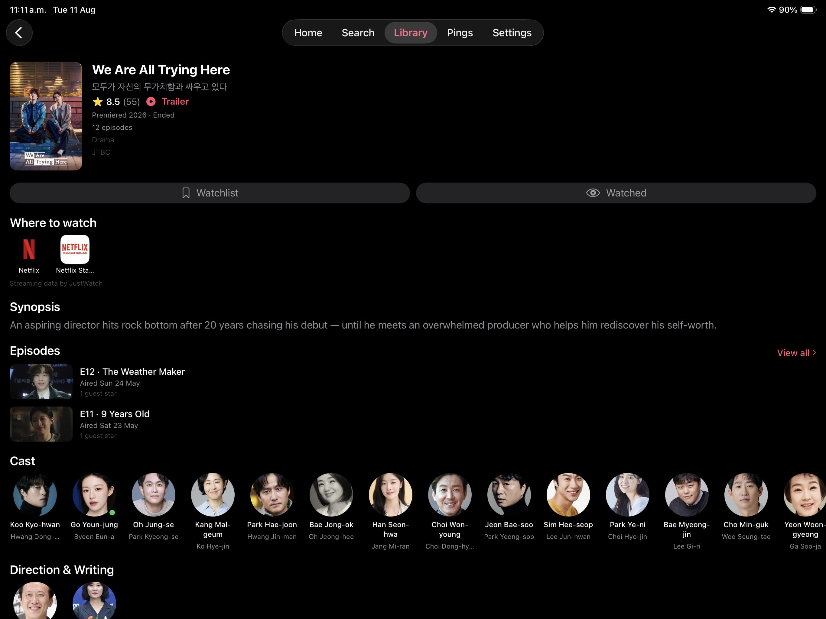 DramaPing show detail with streaming providers, synopsis, episodes, cast, and crew