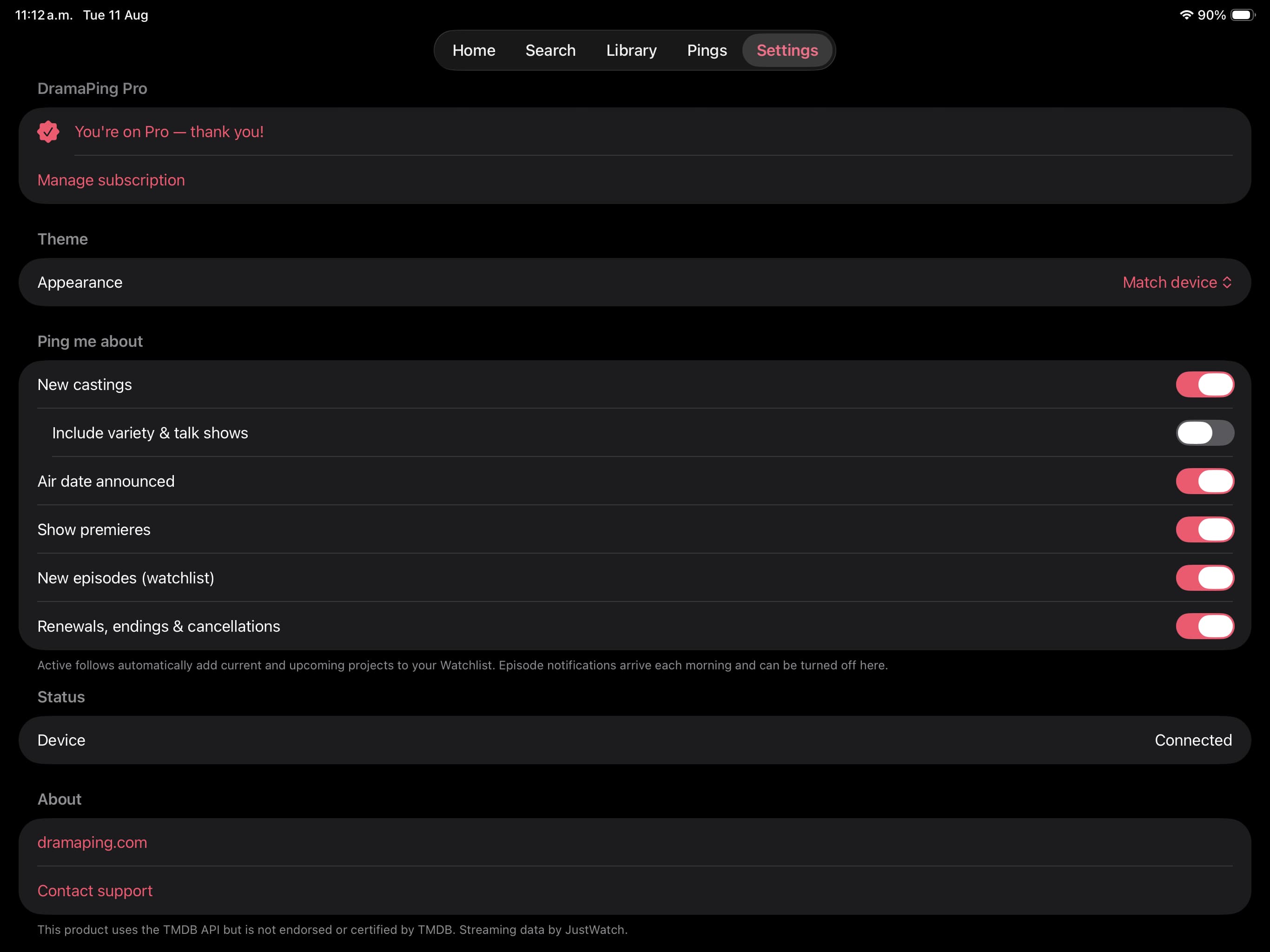 DramaPing settings with subscription status and individual notification categories