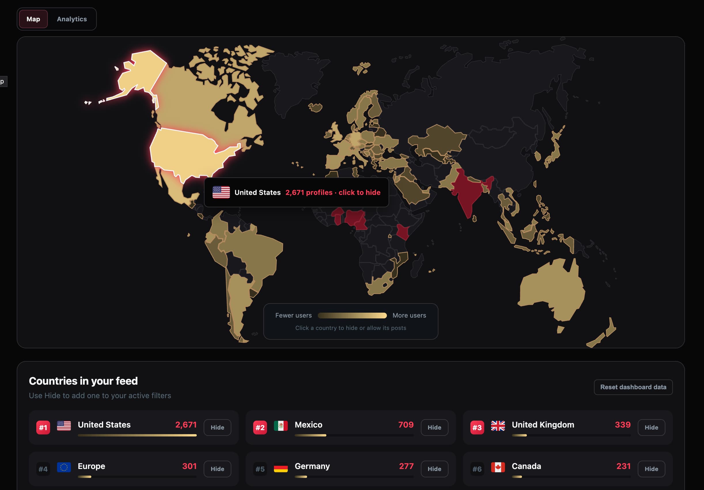 Feedpecker world map showing profile counts and country filtering controls