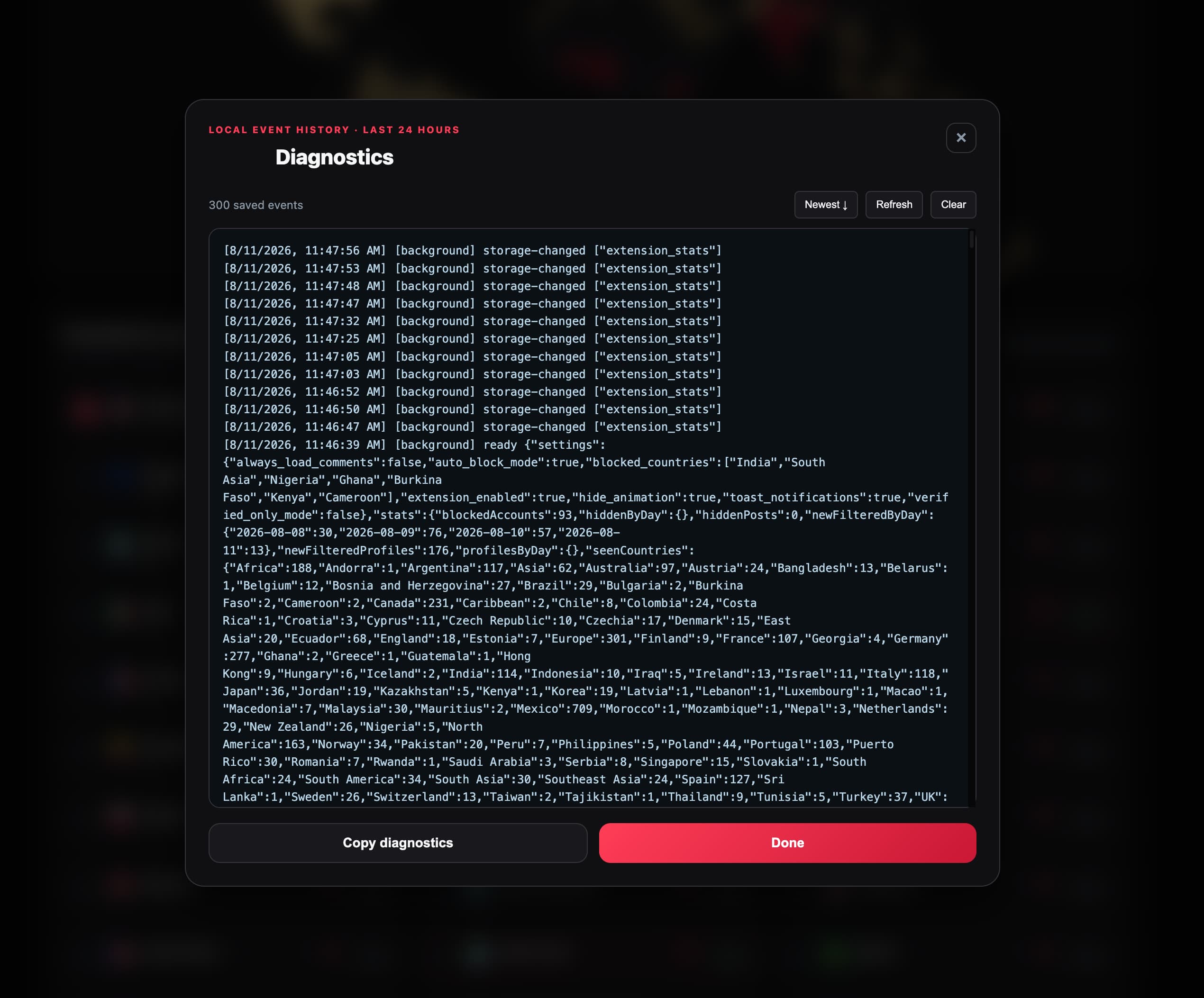 Feedpecker diagnostics dialog with a local runtime event log