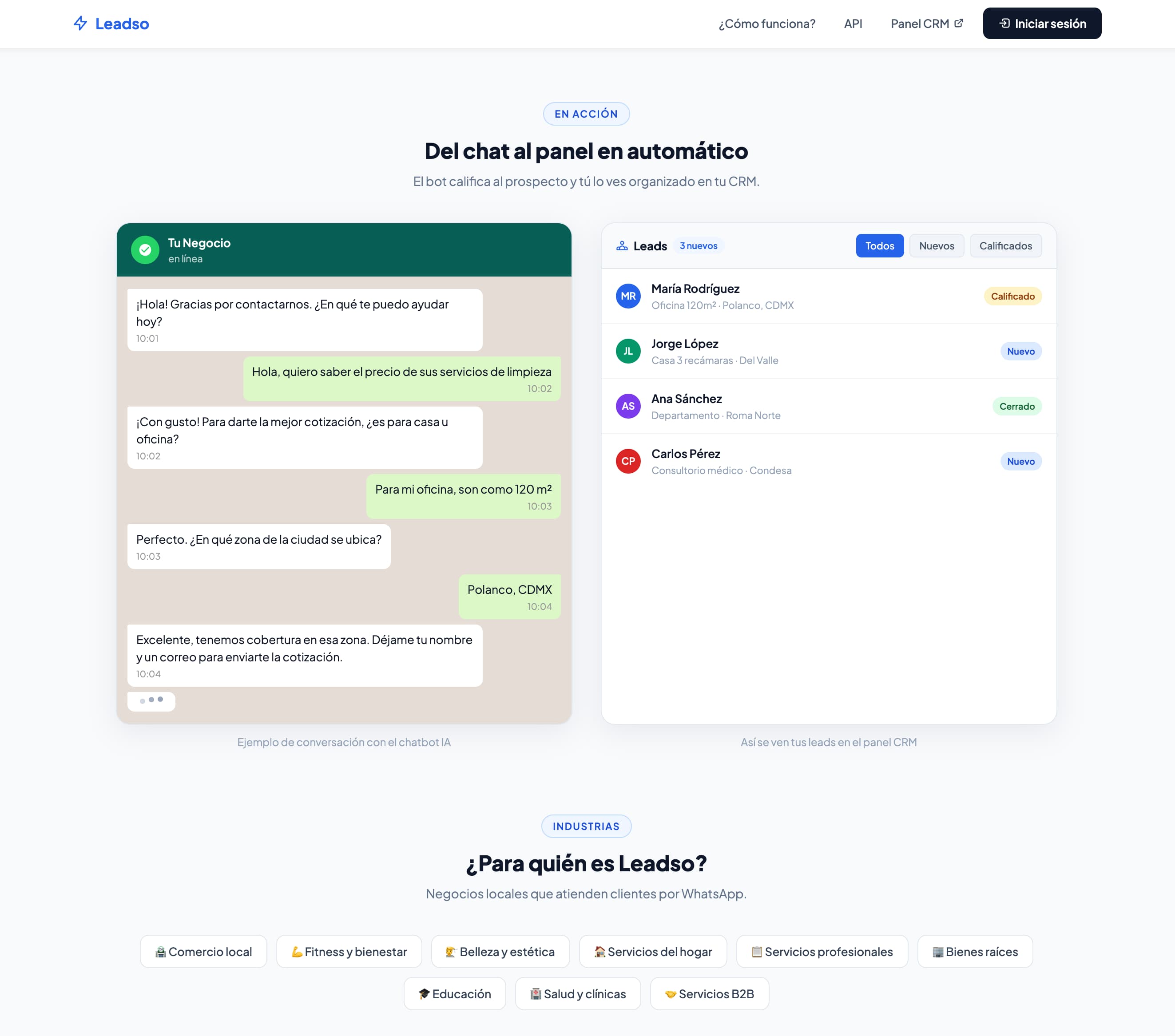 Leadso landing page showing a WhatsApp conversation becoming a structured CRM lead