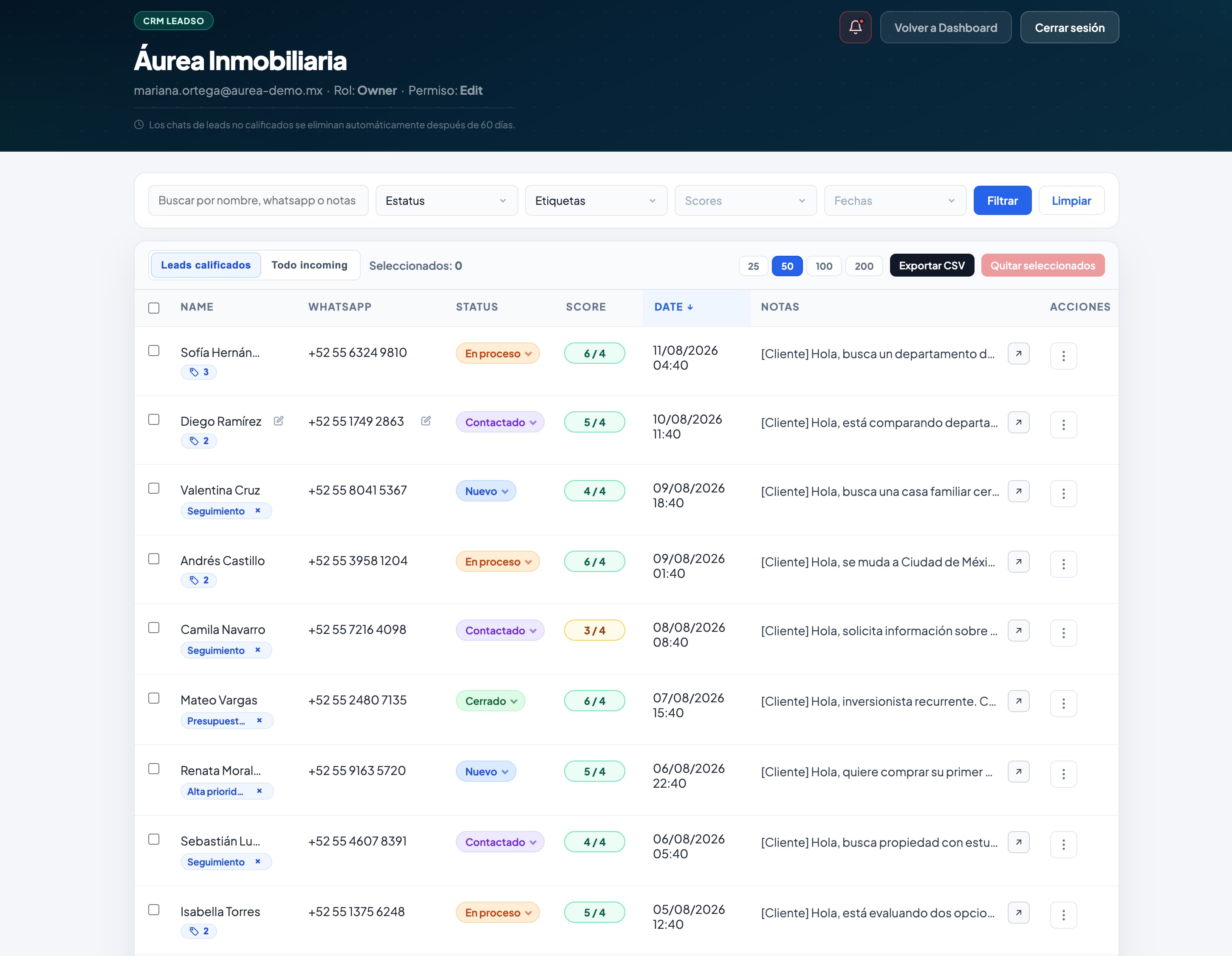 Leadso client CRM with qualified leads, scores, statuses, labels, and conversation context
