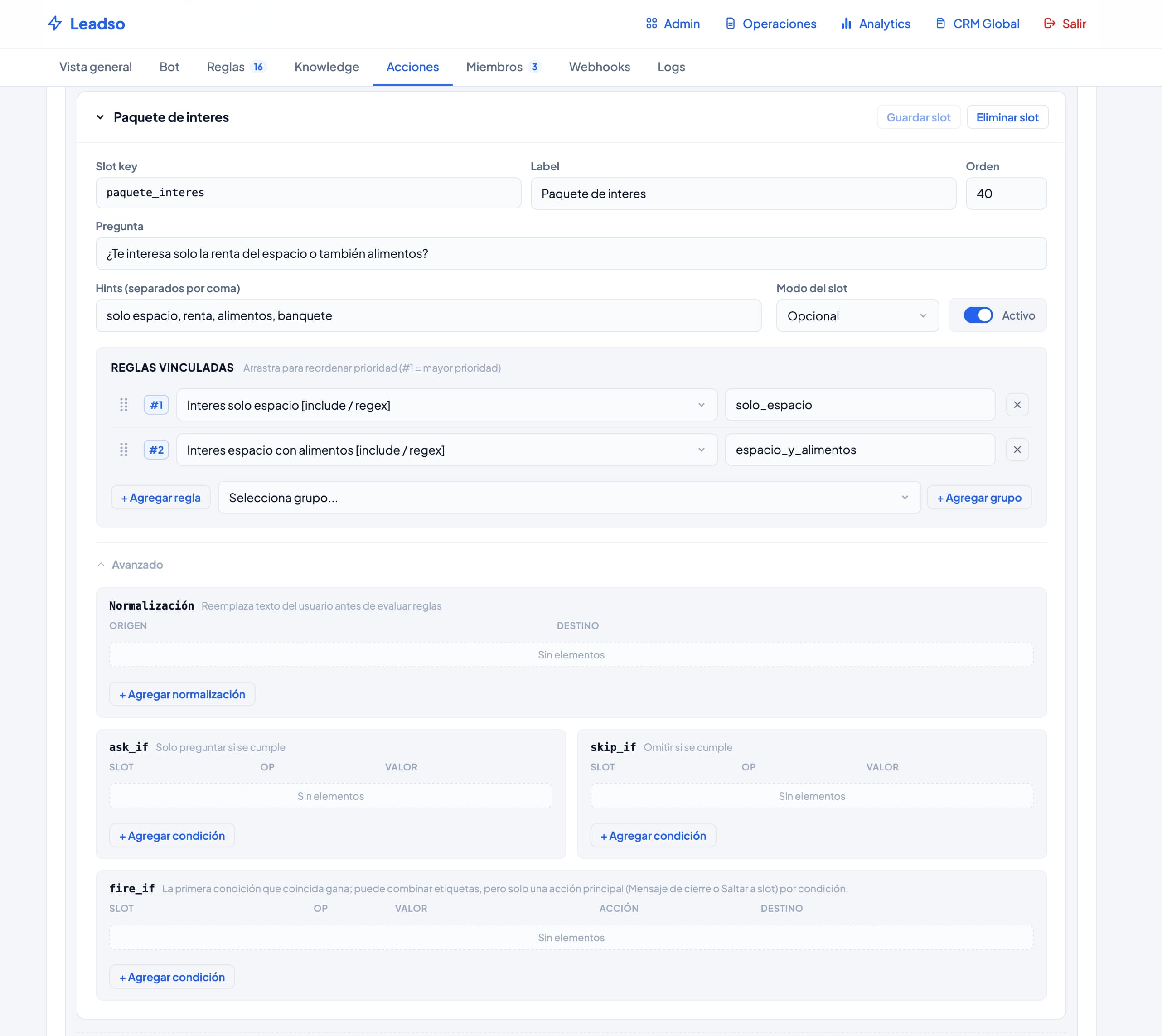 Leadso action editor linking conversation slots to rules, normalization, skip conditions, and follow-up behavior