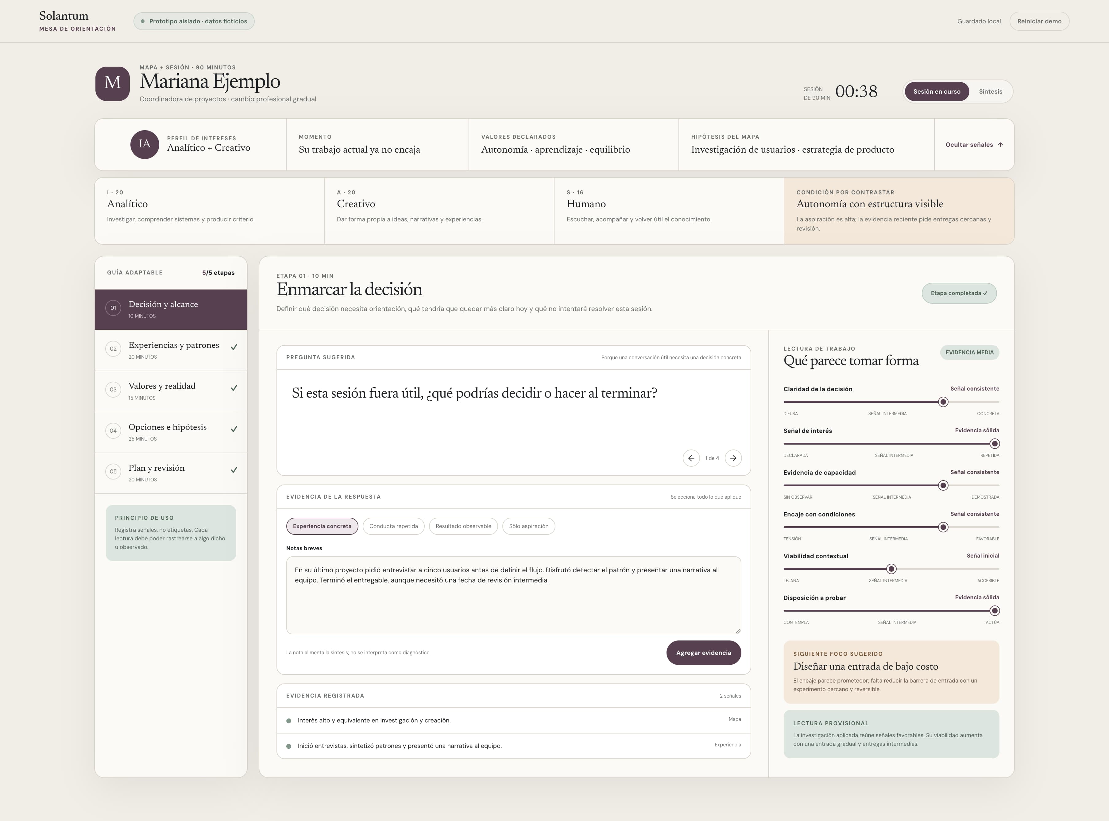 Solantum orientation workspace with session stages, suggested questions, recorded evidence, and decision signals