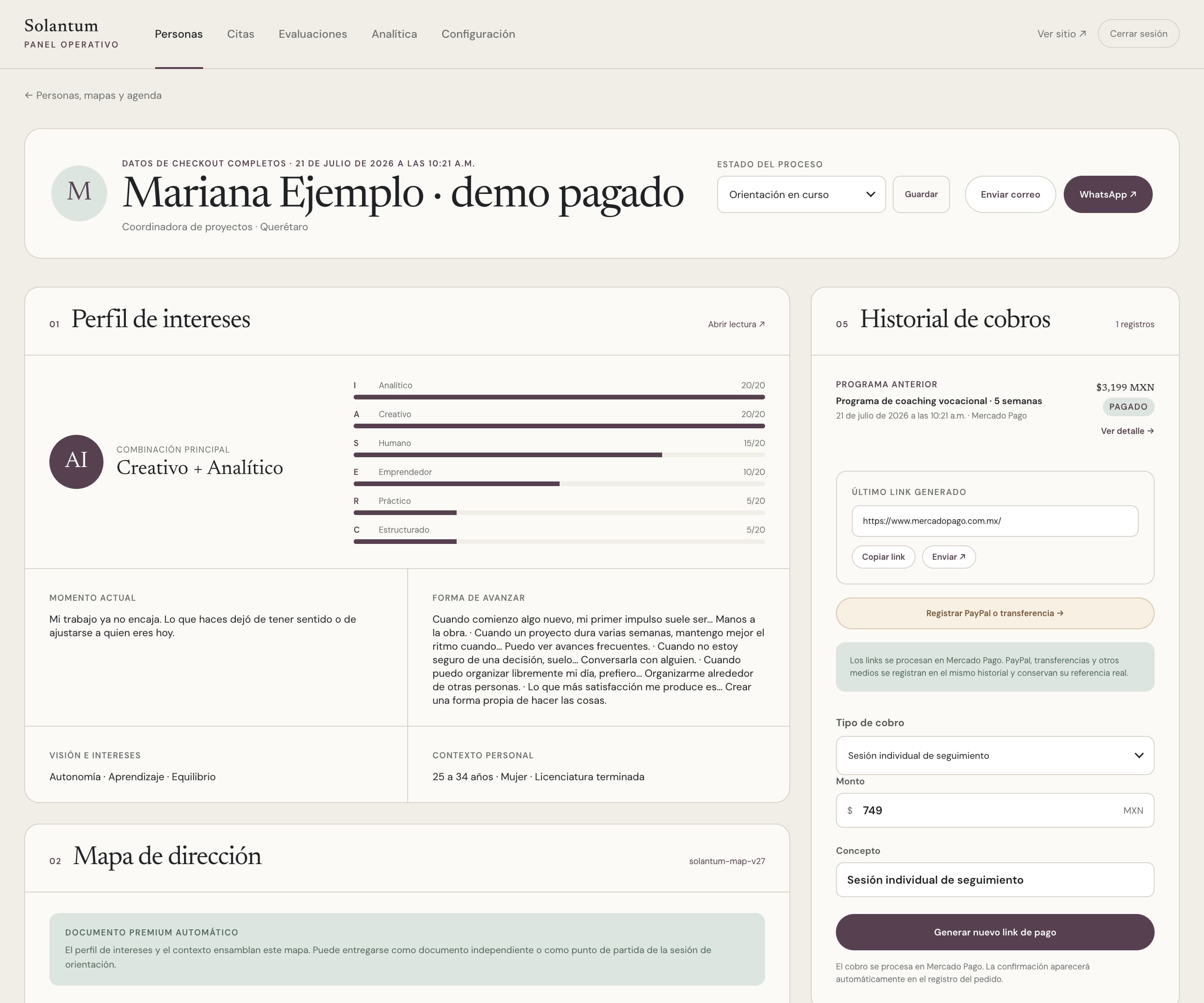 Solantum advisor view for a client with interest profile, payment history, map status, and follow-up controls